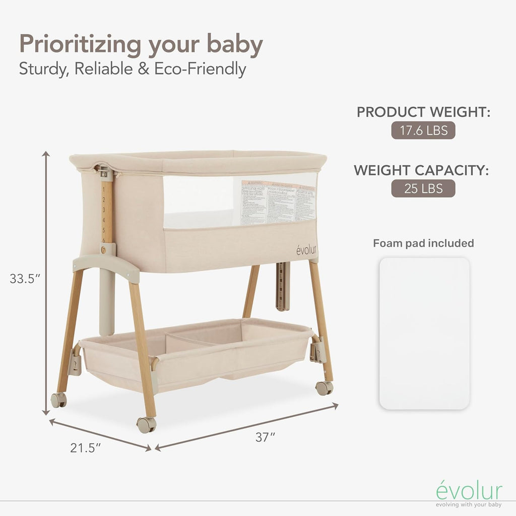 Evolur Lullaby Portable Bassinet with Wheels, Adjustable Bedside Sleeper, Breathable Mesh Sides, Large Storage Basket, Easy Fold, and Travel Bag Included, Perfect for Newborns & Infants - Biege