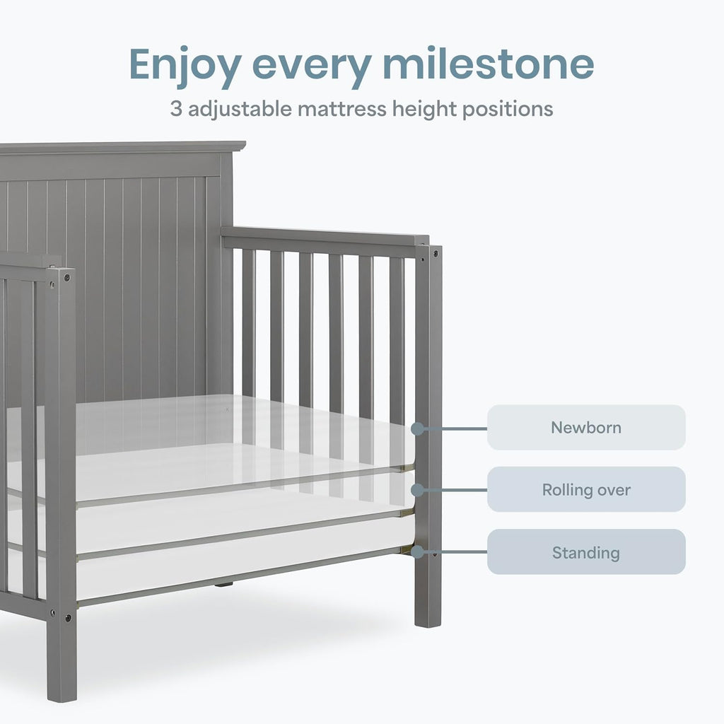 Dream On Me Ava 4-in-1 Mini Baby Crib with Daybed & Twin Bed Conversion in Steel Grey, GreenGuard Gold & BSA, Non-Toxic Finish, 3-Position Adjustable Height, Includes 1″ Mattress Pad