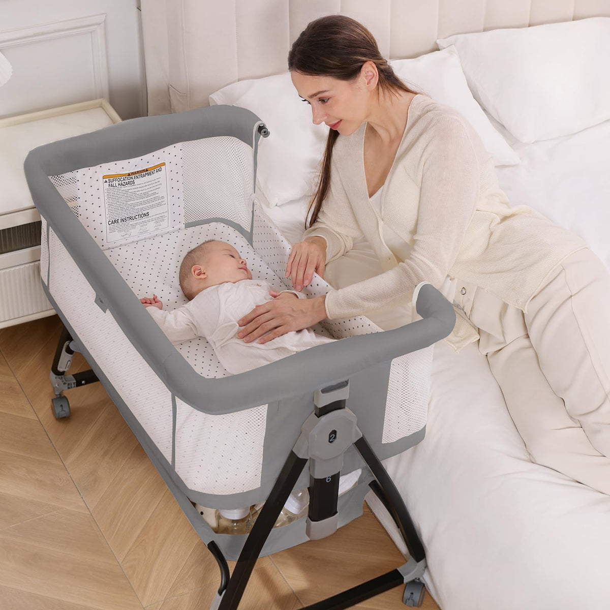 Baby Bassinet, 3-in-1 Bedside Bassinets for Baby, Bassinet Sleeper with Wheels, Baby Bedside Crib with Breathable Mesh, Mosquito Net, 6 Height Adjustable, Large Storage Basket, Easy Assemble & Folding