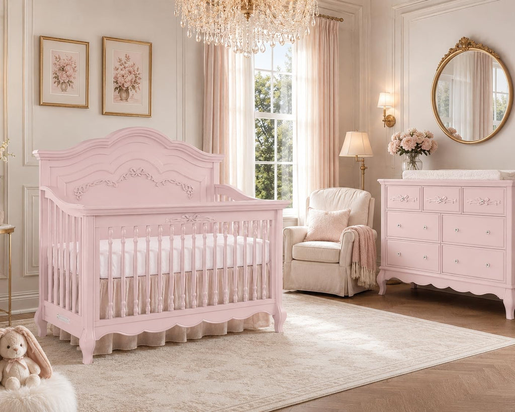 Evolur Aurora 5-in-1 Convertible Full Size Baby Crib, Blush Pink