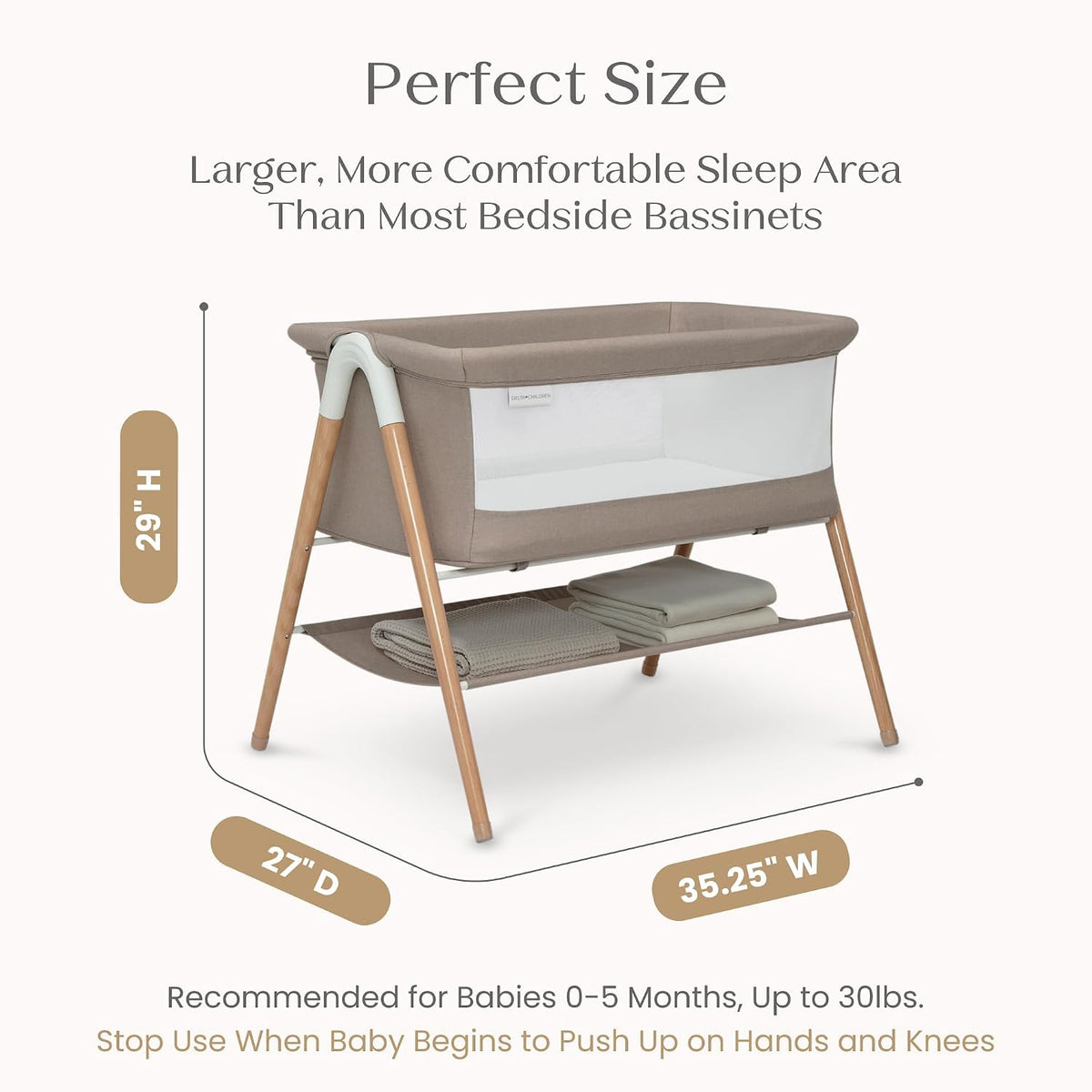 Delta Children Bondi Beechwood By The Bed Bassinet with PureAir Breathable Mesh Sheet and FSC-Certified Wood, Tan
