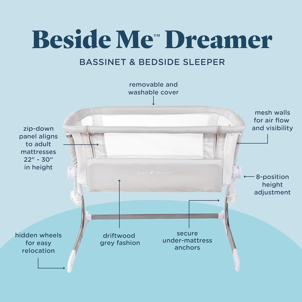 Baby Delight Beside Me Dreamer Bassinet | Bedside Sleeper | 7-Position Height Adjustment | Driftwood Grey