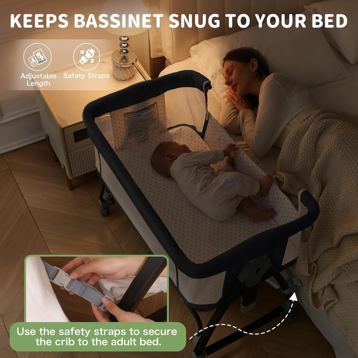 Baby Bassinet, 3-in-1 Bedside Bassinets for Baby, Bassinet Sleeper with Wheels, Baby Bedside Crib with Breathable Mesh, Mosquito Net, 6 Height Adjustable, Large Storage Basket, Easy Assemble & Folding