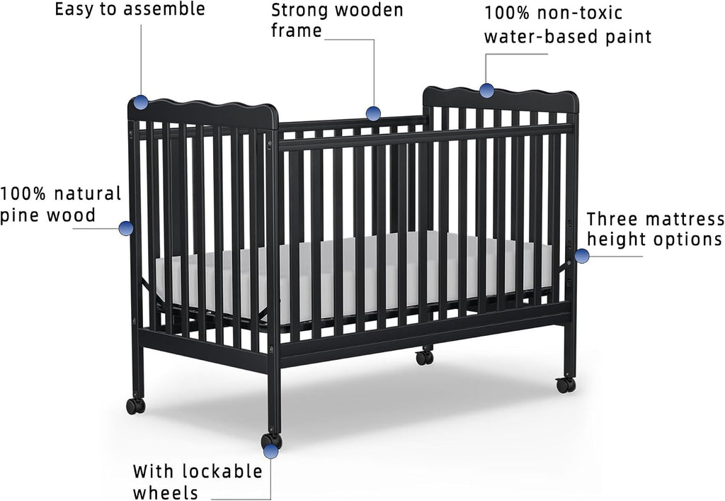 Baby Crib, 3-in-1 Convertible Crib Wood Full Size Toddler Bed with Locking Wheels for Nursery Furniture, Non-Toxic Finish (Black)