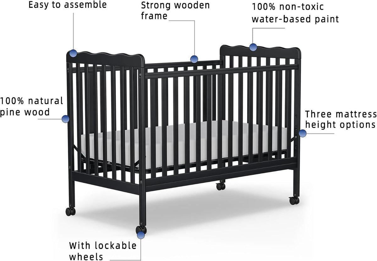 Baby Crib, 3-in-1 Convertible Crib Wood Full Size Toddler Bed with Locking Wheels for Nursery Furniture, Non-Toxic Finish (Black)