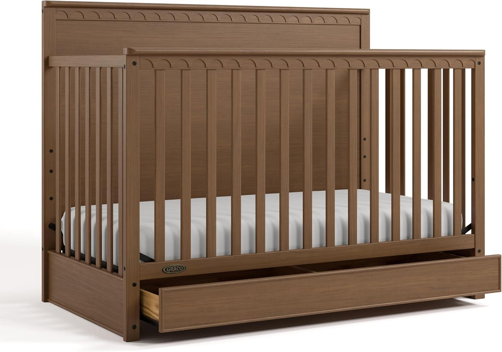 Graco Sasha 5-in-1 Convertible Crib with Drawer (Hazelnut) – GREENGUARD Gold Certified Wood Crib, Converts to Toddler Bed, Daybed, Full-Size Bed, Stylish Classic Design