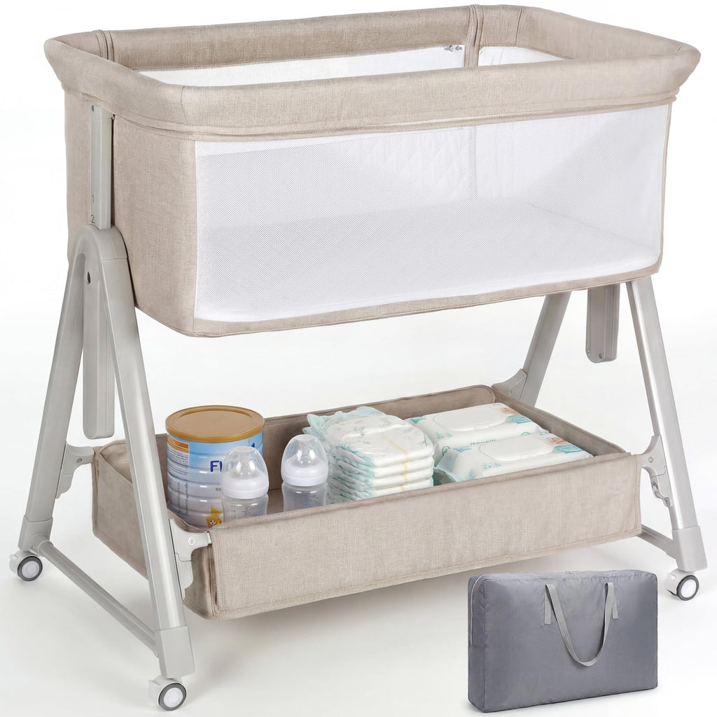 Cowiewie Baby Bassinet Bedside Crib,3-in-1 Baby Bassinet with Comfy Mattress & Wheel,Easy Folding Portable Bedside Bassinet for Baby with Storage,Travel Bag,Breathable Mesh,Stable & Secure,Light Grey