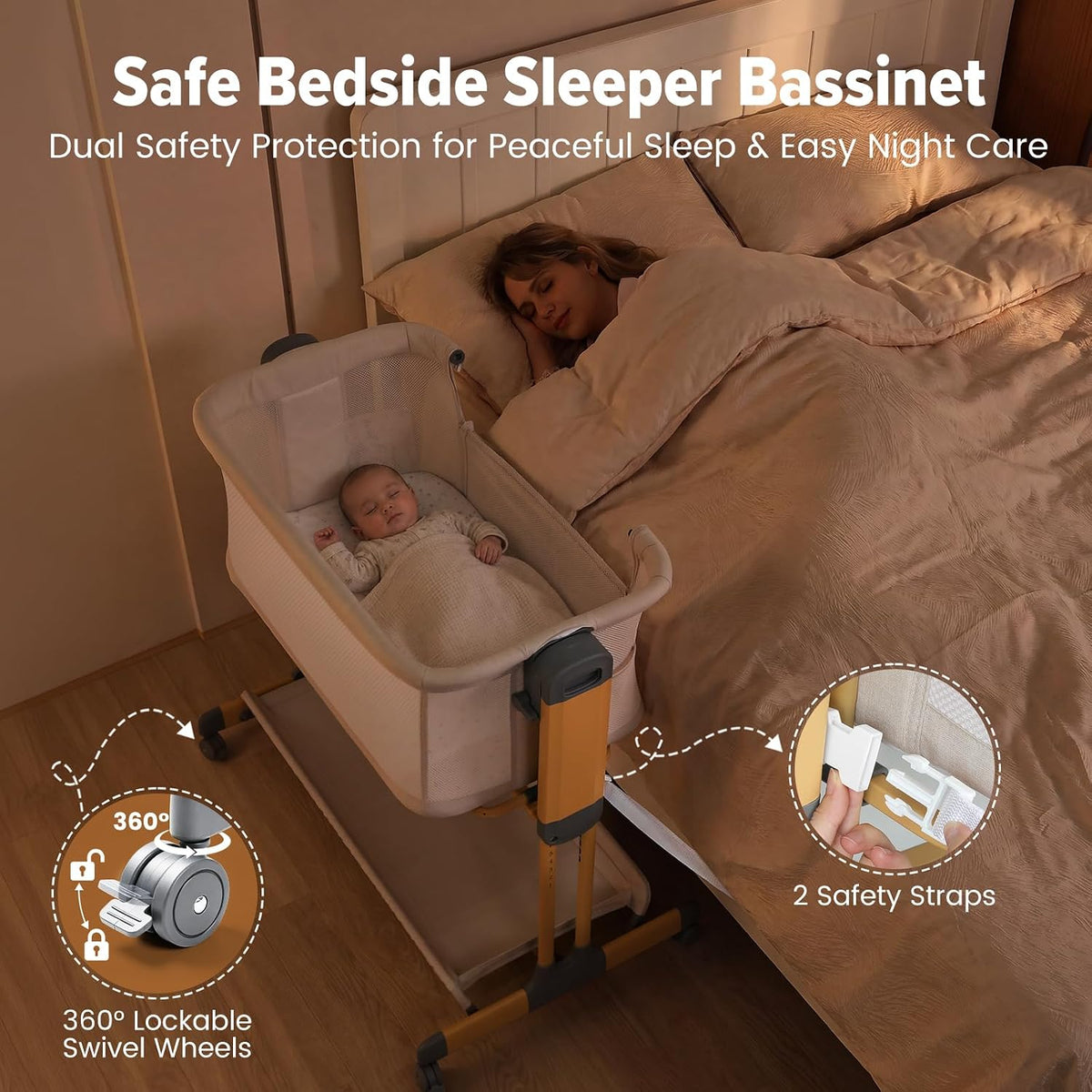 Onasti 3-in-1 Baby Bassinet Bedside Sleeper, Stable Bassinet for Newborns