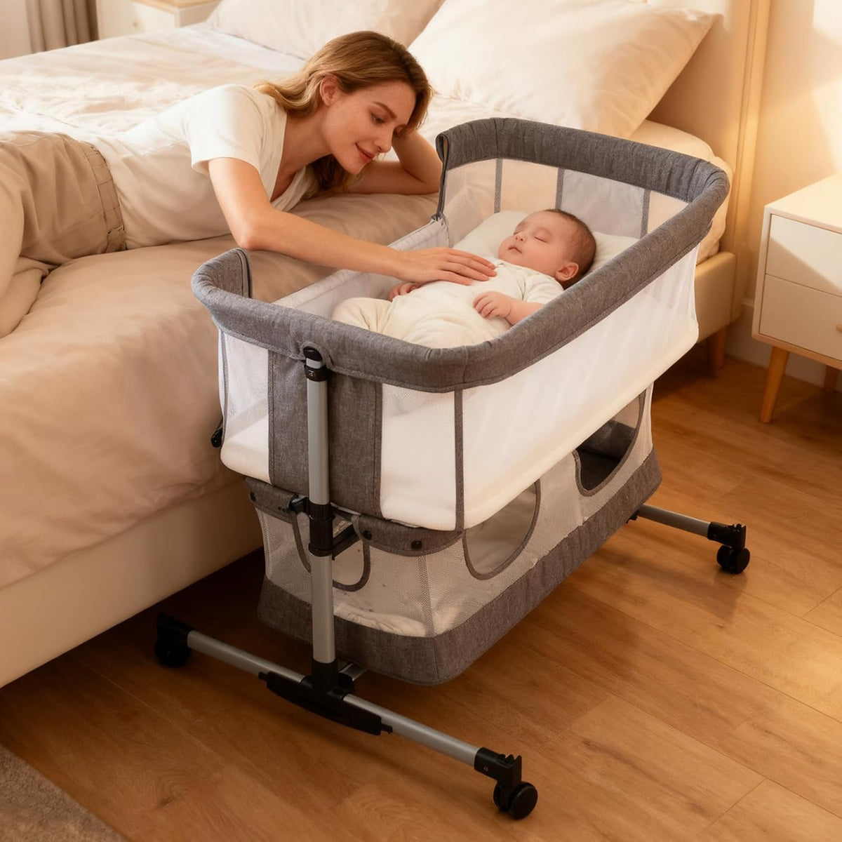 Baby Bassinet Bedside Sleeper, 2-in-1 Bedside Bassinet for Baby, Bedside Sleeper with Mattress, Full Mesh Sides, 5 Height Adjustable, Stable and Secure Crib with Lockable Wheels for Newborn
