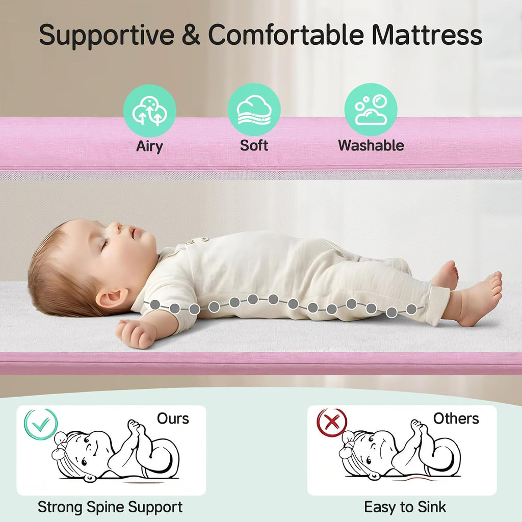 Cowiewie Bassinet Bedside Sleeper,Baby Bassinet Slides Over Bed,5-Position Height Adjustment & Breathable All-Mesh Wall Bedside Bassinet for Baby,Space-Saving Bedside Crib, Height(37.4-41.3") (Pink)