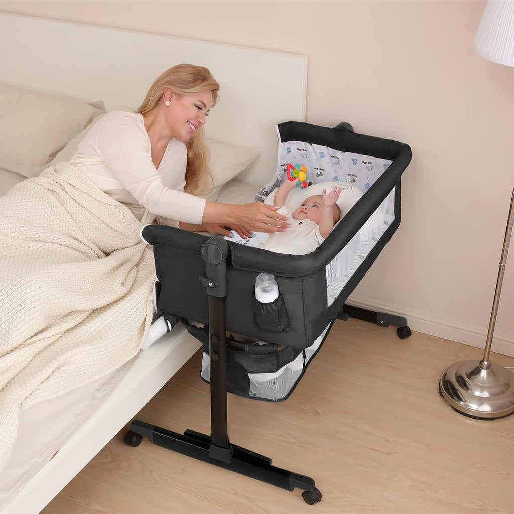 YADAQE Baby Cradle, Freestanding Bedside Bassinet, 3-in-1 Convertible Bassinet with 360° Swivel Wheels, 2026 New Model Adjustable, Easy-Fold Portable Neutral Baby Newborn Bassinet (Dark Gray)