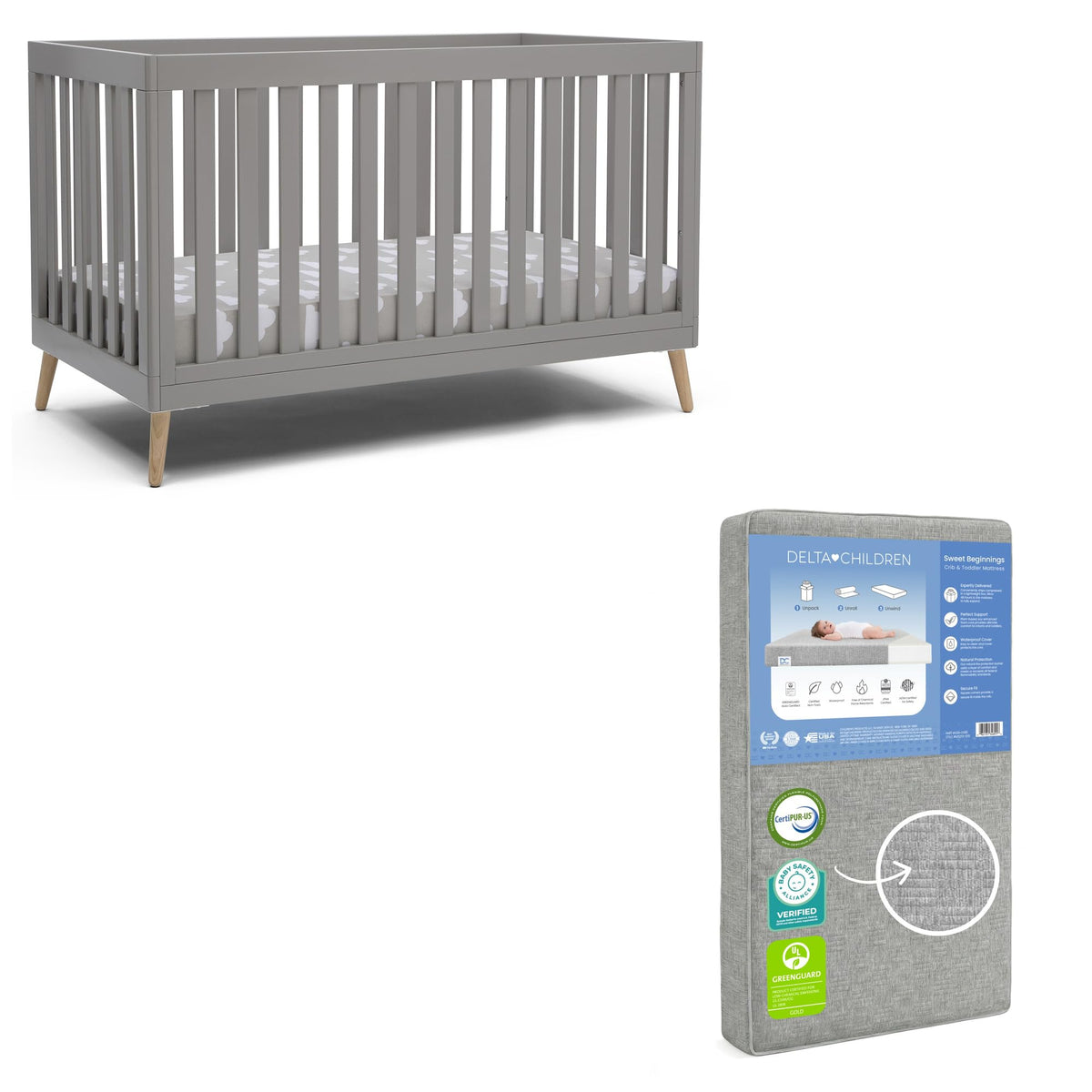 Delta Children Essex 4-in-1 Convertible Baby Crib, Bianca White with Natural Legs