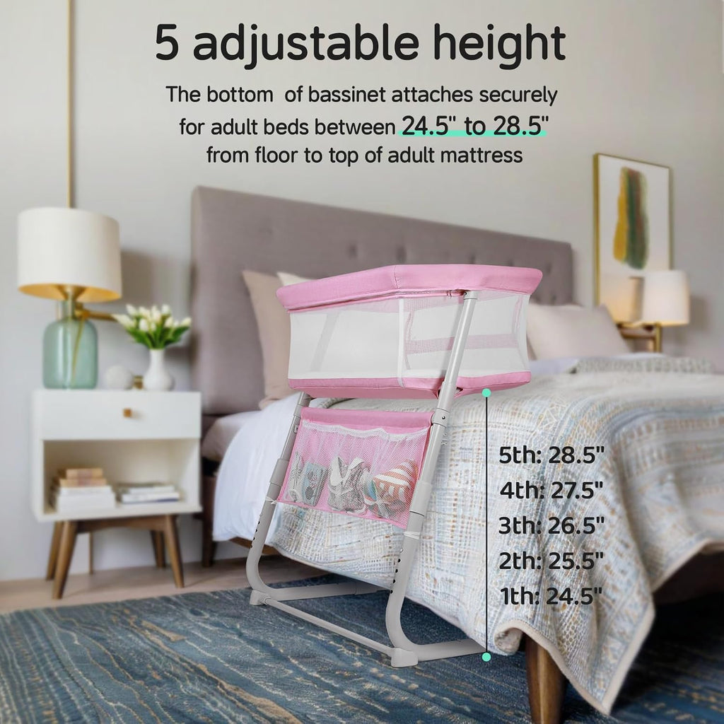Cowiewie Bassinet Bedside Sleeper,Baby Bassinet Slides Over Bed,5-Position Height Adjustment & Breathable All-Mesh Wall Bedside Bassinet for Baby,Space-Saving Bedside Crib, Height(37.4-41.3") (Pink)
