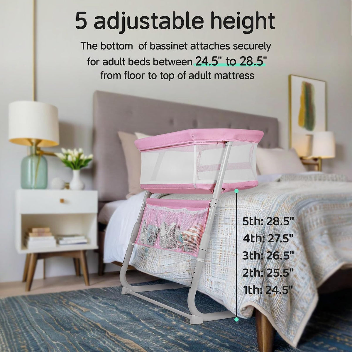 Cowiewie Bassinet Bedside Sleeper,Baby Bassinet Slides Over Bed,5-Position Height Adjustment & Breathable All-Mesh Wall Bedside Bassinet for Baby,Space-Saving Bedside Crib, Height(37.4-41.3") (Pink)