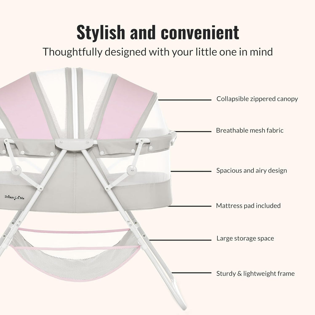Dream On Me Karley Portable Infant Bassinet, Double Mesh Canopy, Grey and Pink