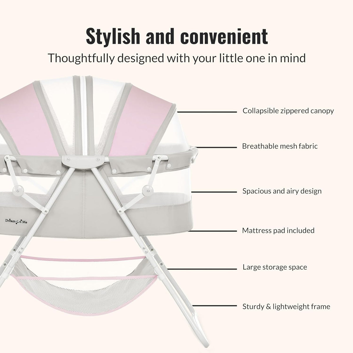 Dream On Me Karley Portable Infant Bassinet, Double Mesh Canopy, Grey and Pink