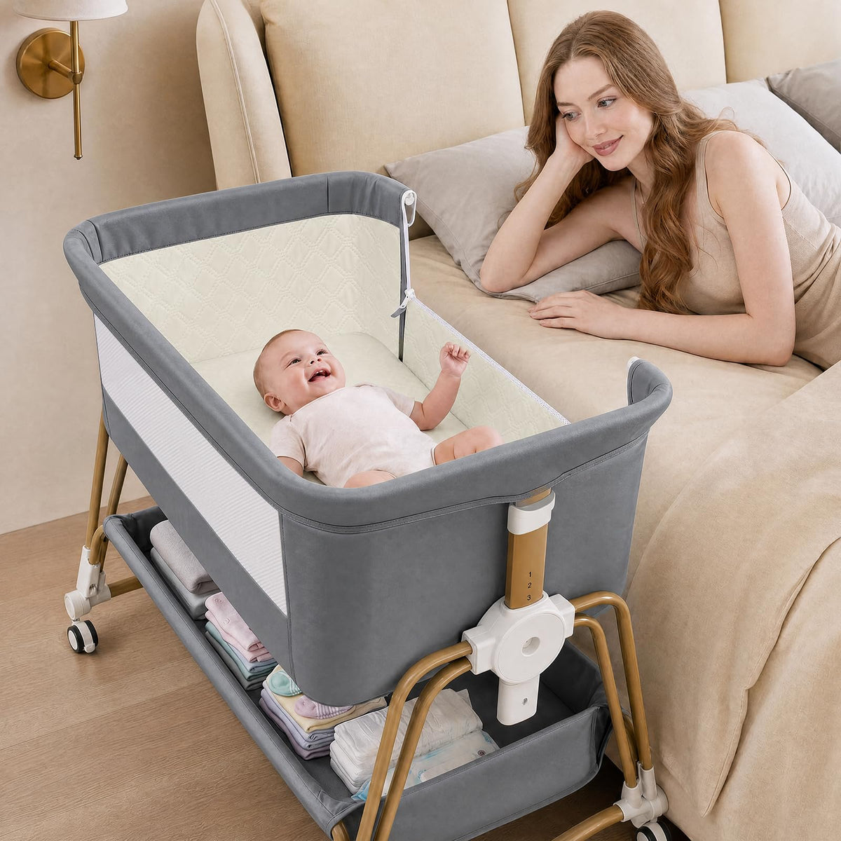 4-in-1 Baby Bassinet, Portable Bassinet Bedside Sleeper with Mosquito Net