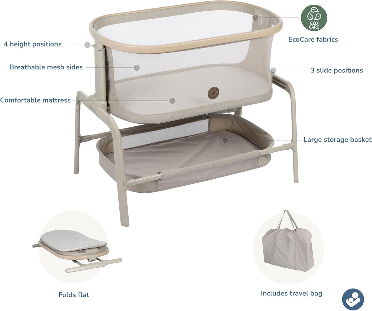 Maxi-Cosi Iora Baby Bassinets Bedside Sleeper, Portable Bassinet, Infant Bedside Sleeper Crib, Height Adjustable, Breathable Mesh, Large Storage Basket, Classic Oat