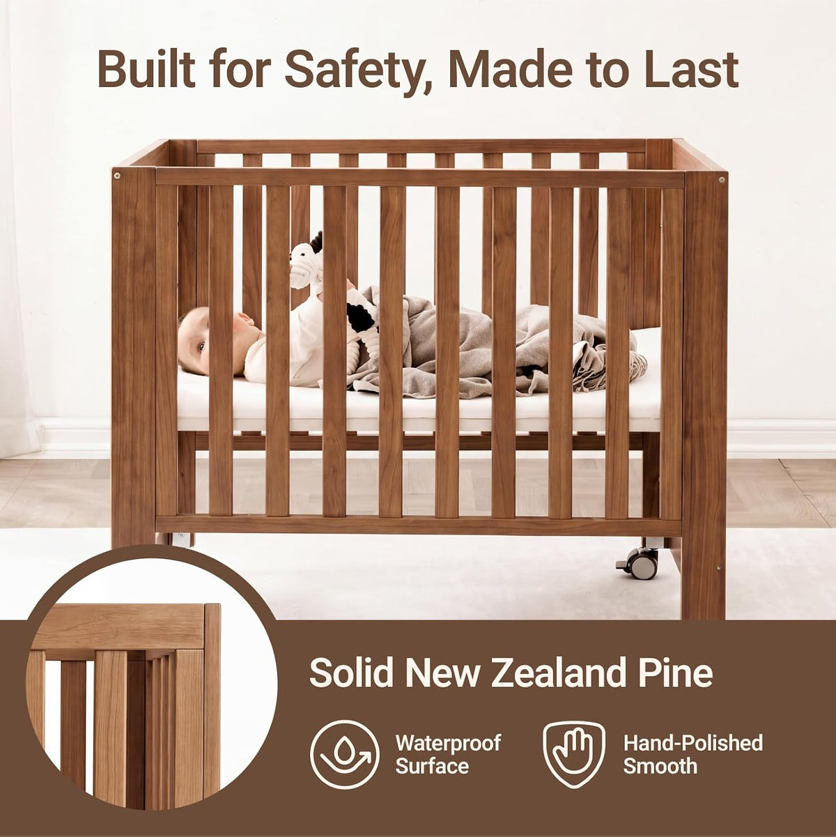 MAMAZING EvoNest 6-in-1 Convertible Baby Mini Crib with Wheels