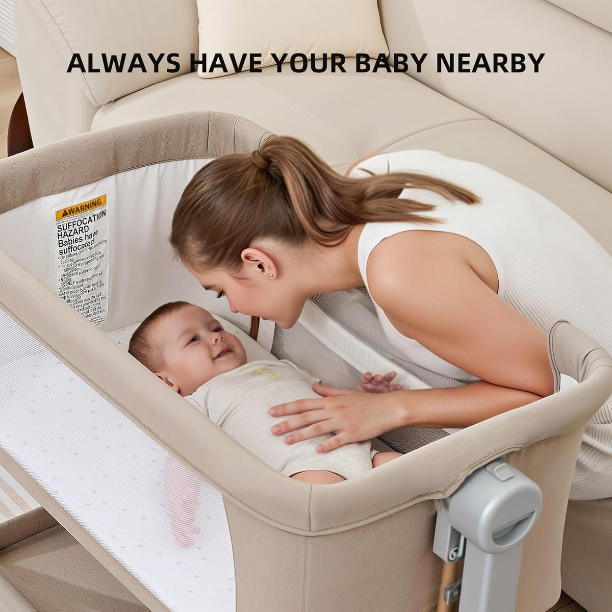 ANGELBLISS 3-in-1 Baby Bassinet, Rocking Bedside Bassinet, 6 Heights, Khaki