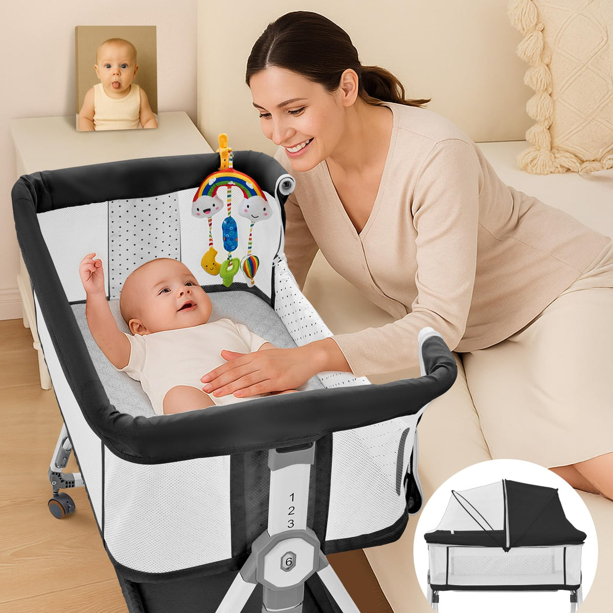 4-in-1 Baby Bassinet with Wheels, 6 Height Settings, Gray