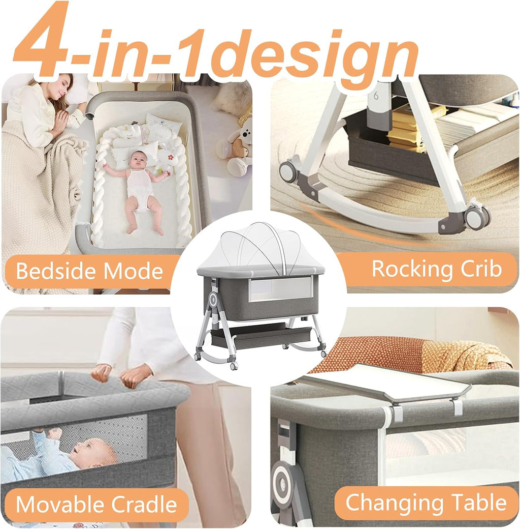 4 in 1 Baby Bassinet Bedside Sleeper, Rocking Bassinets with Wheels and Comfy Mattress, 6 Height Adjustable Easy Folding Portable Bedside Crib for Newborn Infant