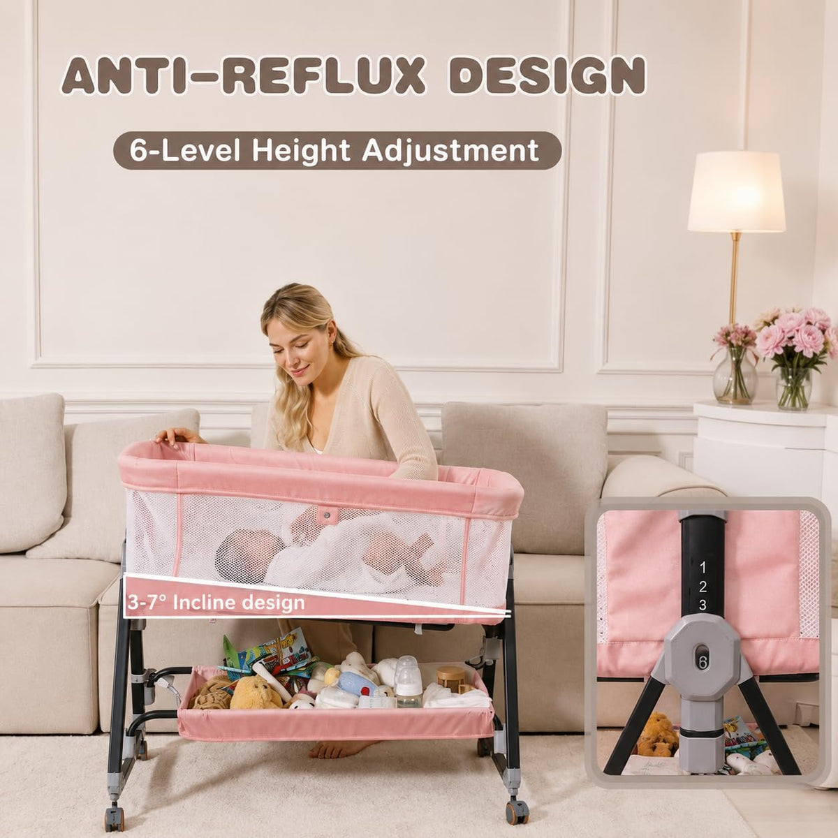 Baby Bassinets Bedside Sleeper with Wheels and Mattress, Cosleeping Baby Bed with Storage, Co-Sleeper Bassinet Attach to Bed, Bed Side Crib with Breathable Mesh, Height Adjustable (Pink)