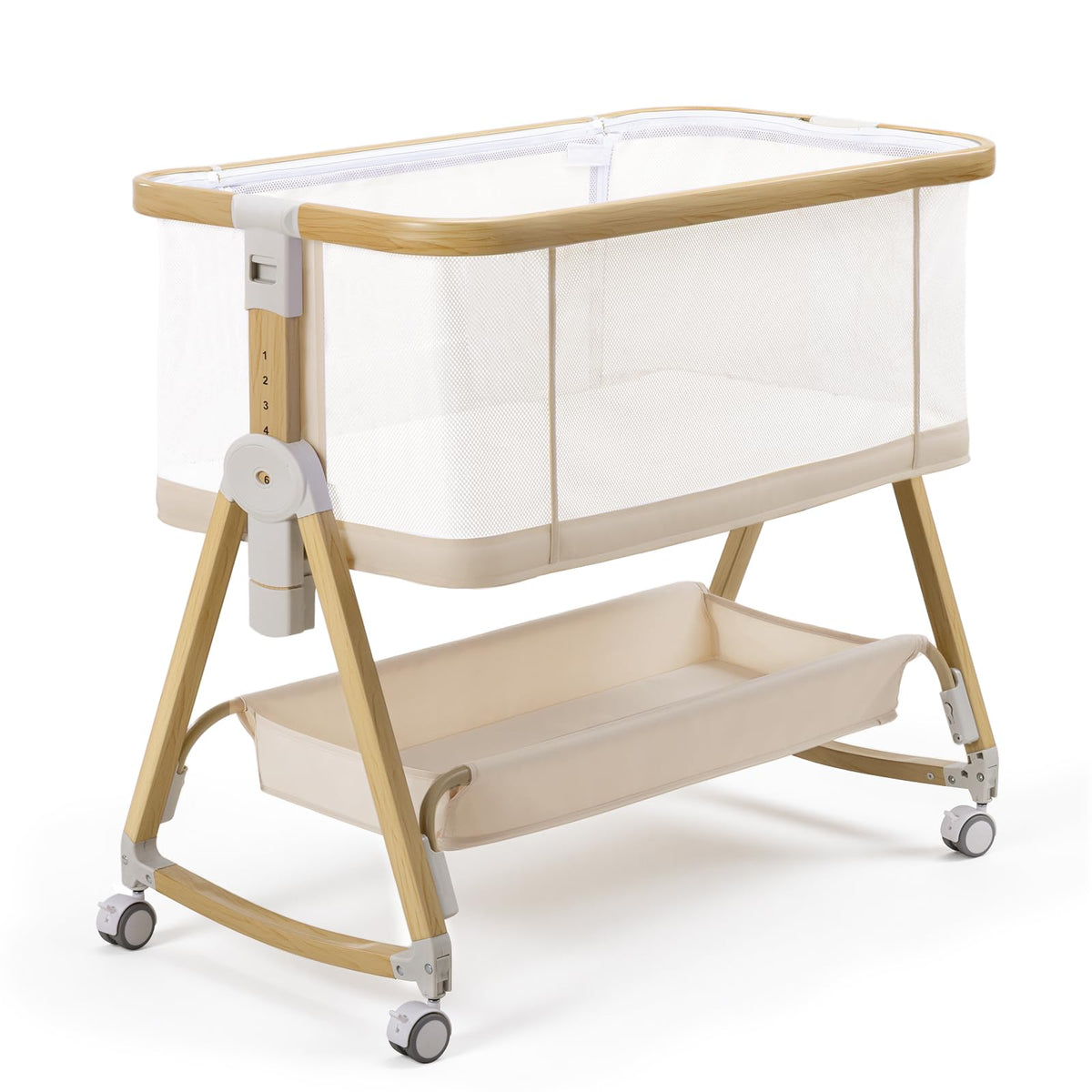 Baby Bedside Sleeper Bassinet, Bassinet Storage Basket and Wheels, Pink