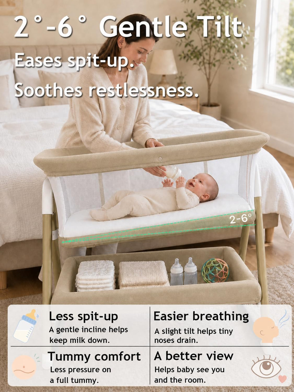 Baby Bassinet Bedside Sleeper, 3-in-1 Rocking & Rolling Crib