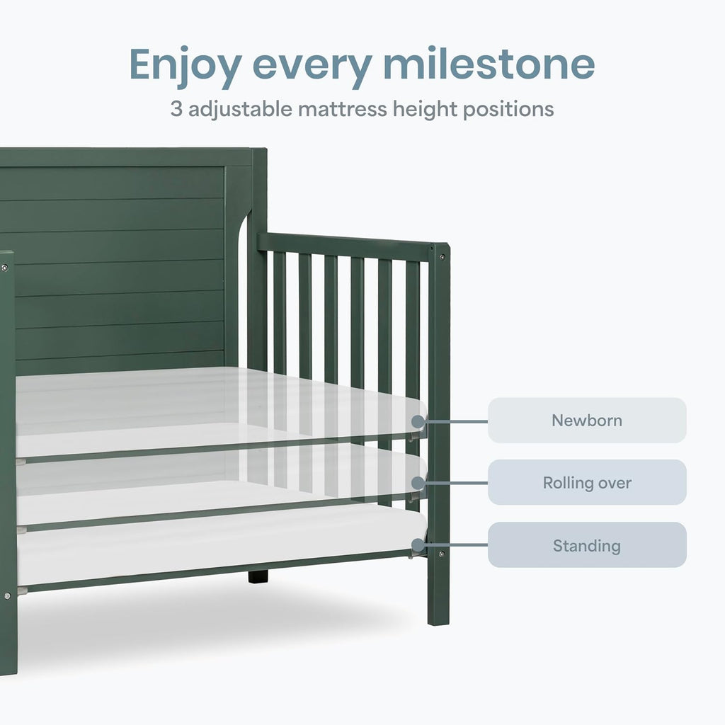 Dream On Me Bellport 4-in-1 Convertible Mini Baby Crib, Compact Design in Safari Green, GreenGuard Gold & BSA, Non-Toxic, Pinewood, Converts to Mini Daybed & Twin Bed, 1″ Mattress Pad