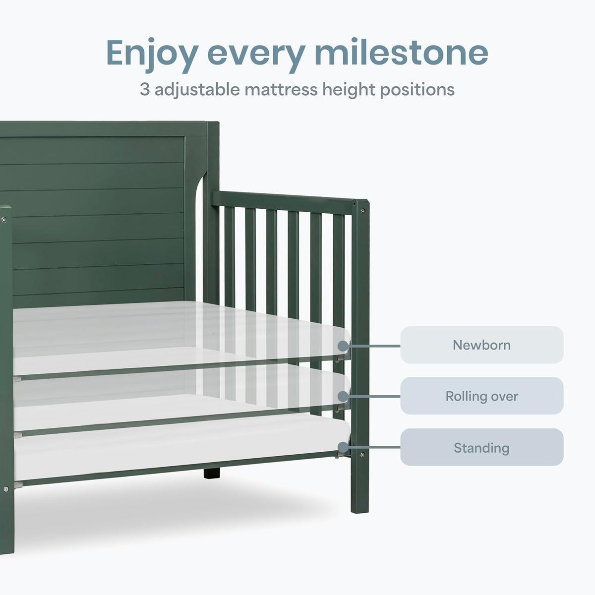 Dream On Me Bellport 4-in-1 Convertible Mini Baby Crib, Compact Design in Safari Green, GreenGuard Gold & BSA, Non-Toxic, Pinewood, Converts to Mini Daybed & Twin Bed, 1″ Mattress Pad