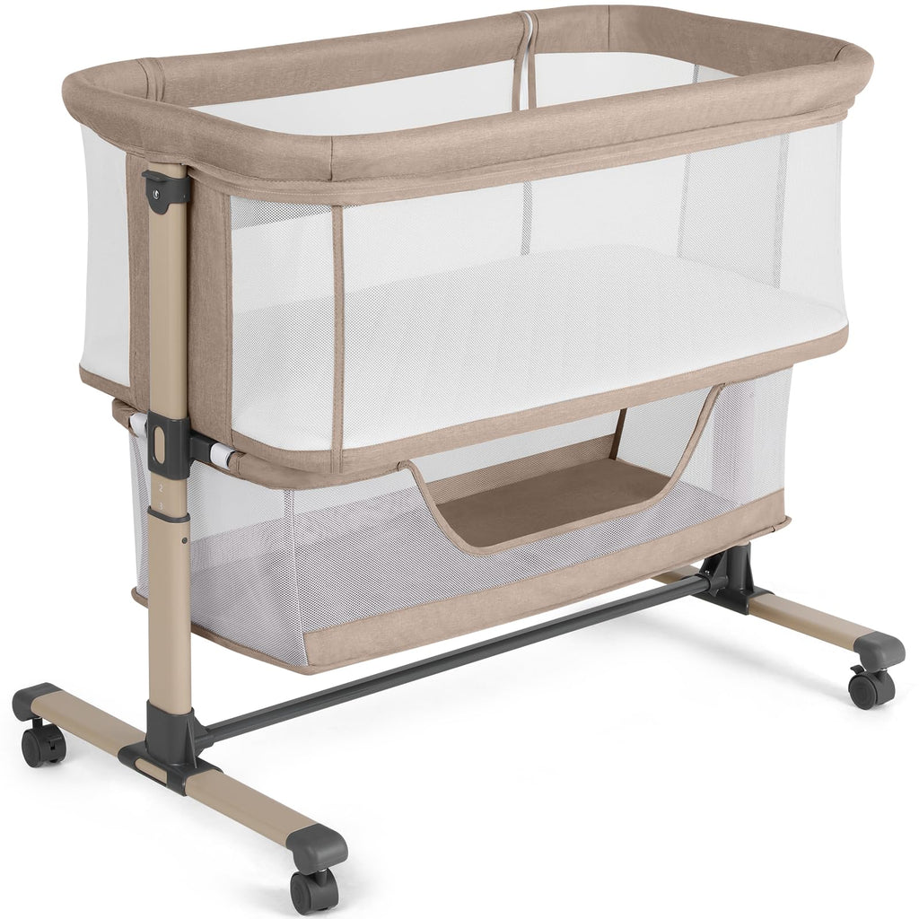 Cowiewie Bassinet Bedside Sleeper, Breathable and Adjustable, Light Grey