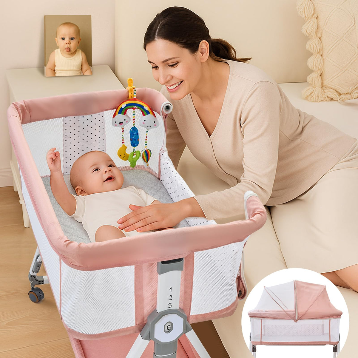 4-in-1 Baby Bassinet with Wheels, 6 Height Settings, Gray