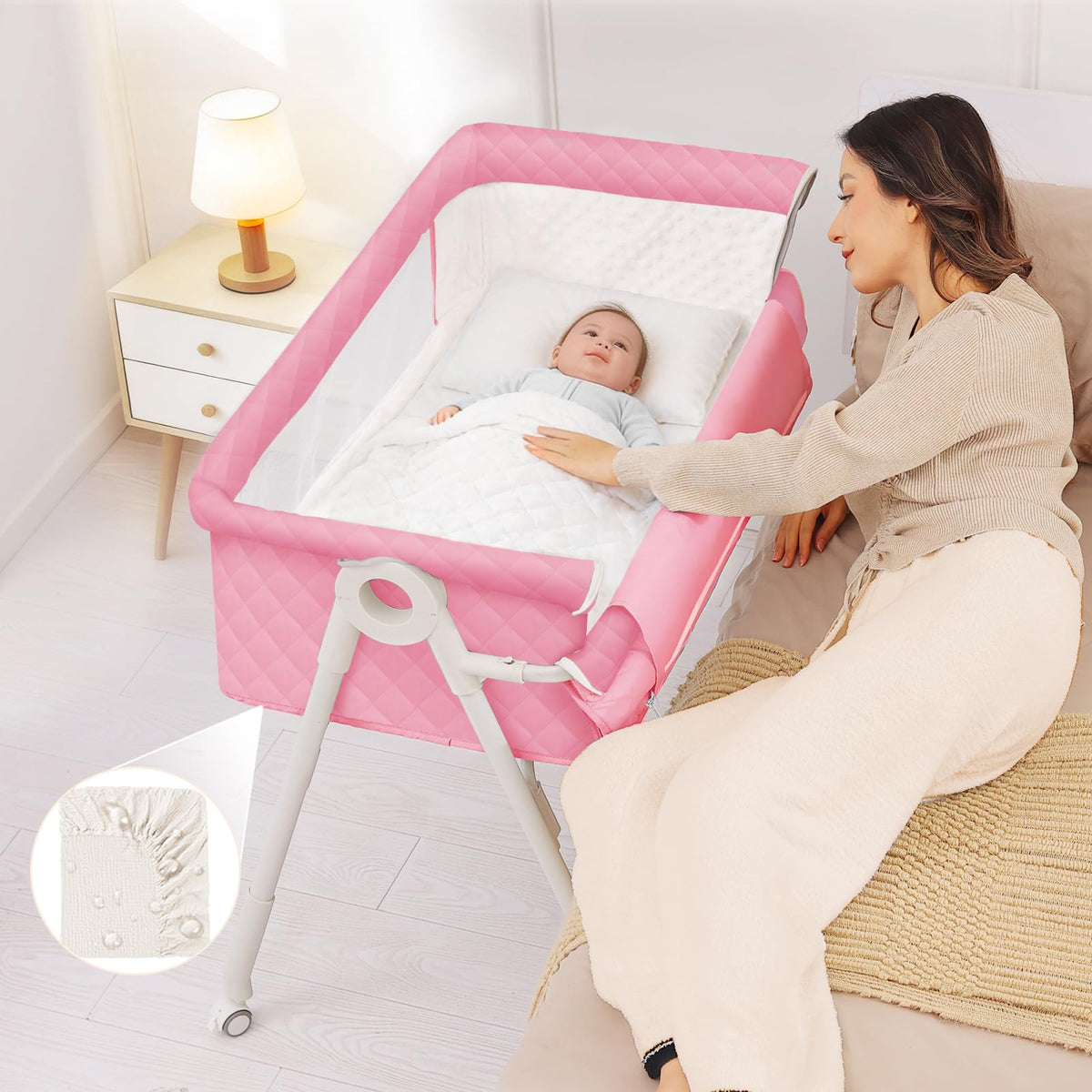 Baby Bassinet Bedside Sleeper Safety Bassinets wigh Crib Sheet and Wheels