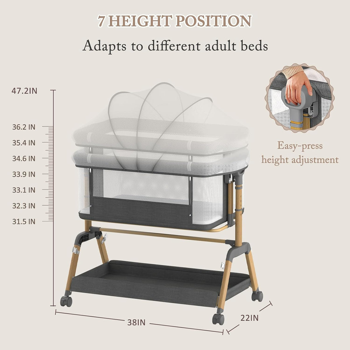 3 in 1 Baby Bassinet, Bedside Sleeper for Newborn, 7-Level Height Adjustable, Rocking Bassinet with Breathable Mesh, Lockable Wheels & Large Storage Space, Portable Baby Crib（Dark Gray）