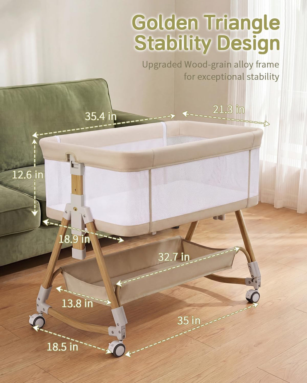 Baby Bassinet Bedside Crib, 3-in-1 Baby Bassinet Bedside Sleeper，Rocking Bedside Bassinet with Wheels, Adjustable Easy Folding Portable Bed for Infant Newborn (Beige)