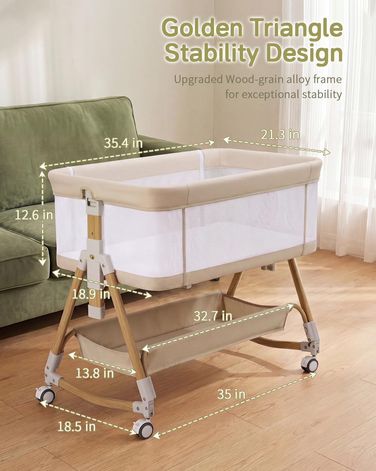 Baby Bassinet Bedside Crib, 3-in-1 Baby Bassinet Bedside Sleeper，Rocking Bedside Bassinet with Wheels, Adjustable Easy Folding Portable Bed for Infant Newborn (Beige)