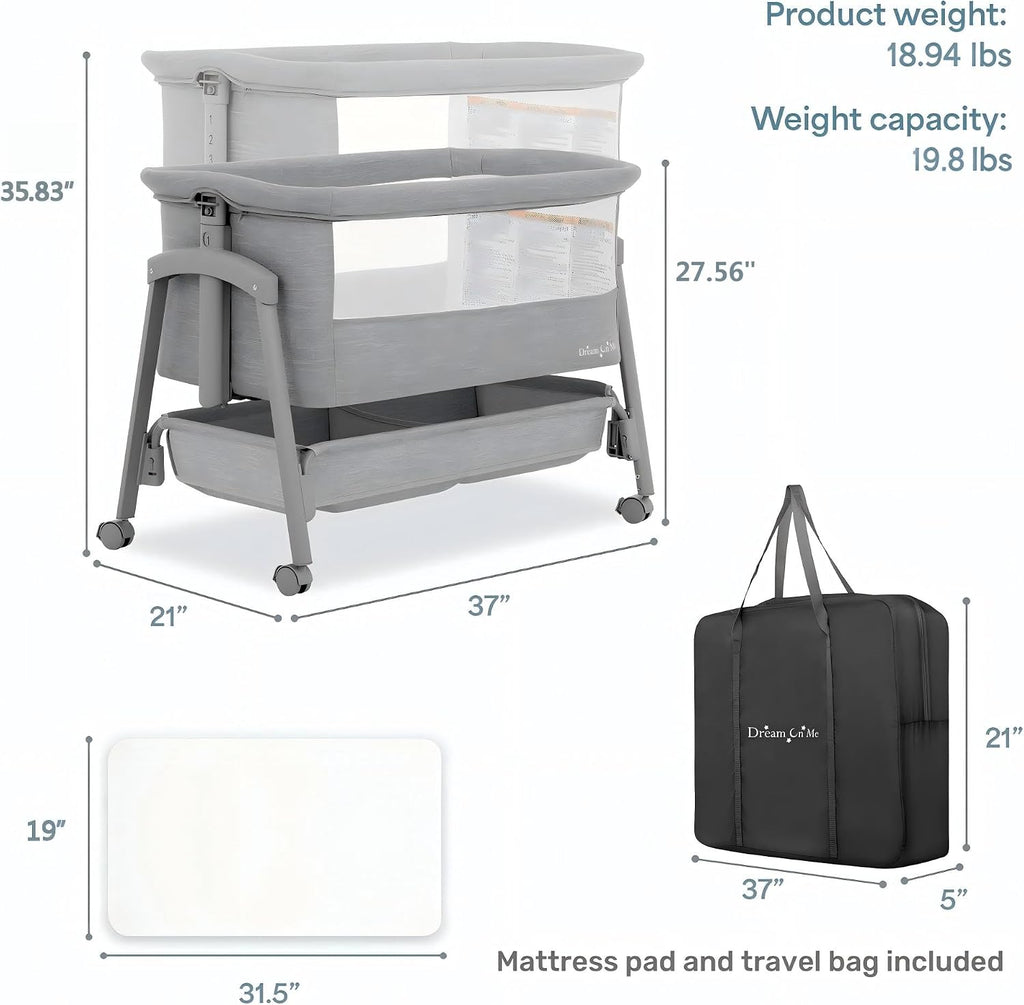 Dream On Me Calypso Bedside Bassinet, Foldable Portable Crib - Gray