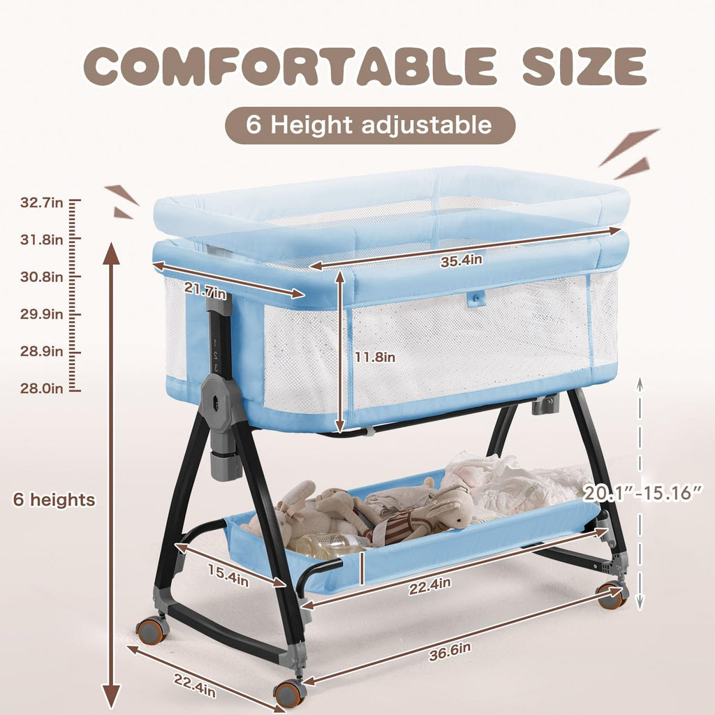 Baby Bassinets Bedside Sleeper with Wheels and Mattress, Cosleeping Baby Bed with Storage, Co-Sleeper Bassinet Attach to Bed, Bed Side Crib with Breathable Mesh, Height Adjustable (Blue)