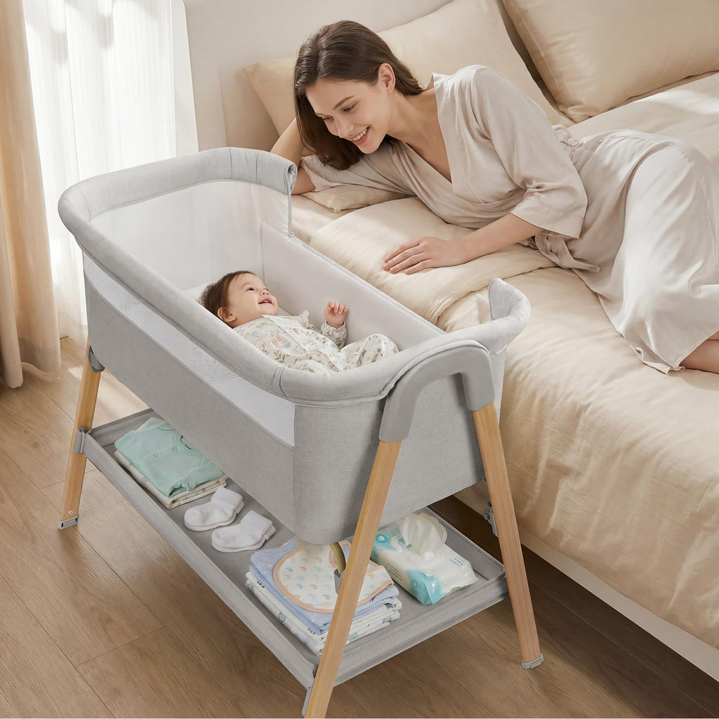Uuoeebb Baby Bassinet, Bedside Bassinet for Baby, 2-in-1 Bedside Sleeper with Mattress, Half-Mesh Breathable Design, 4 Auto-Lock Wheels, Storage Basket, Easy Assembly (Khaki)