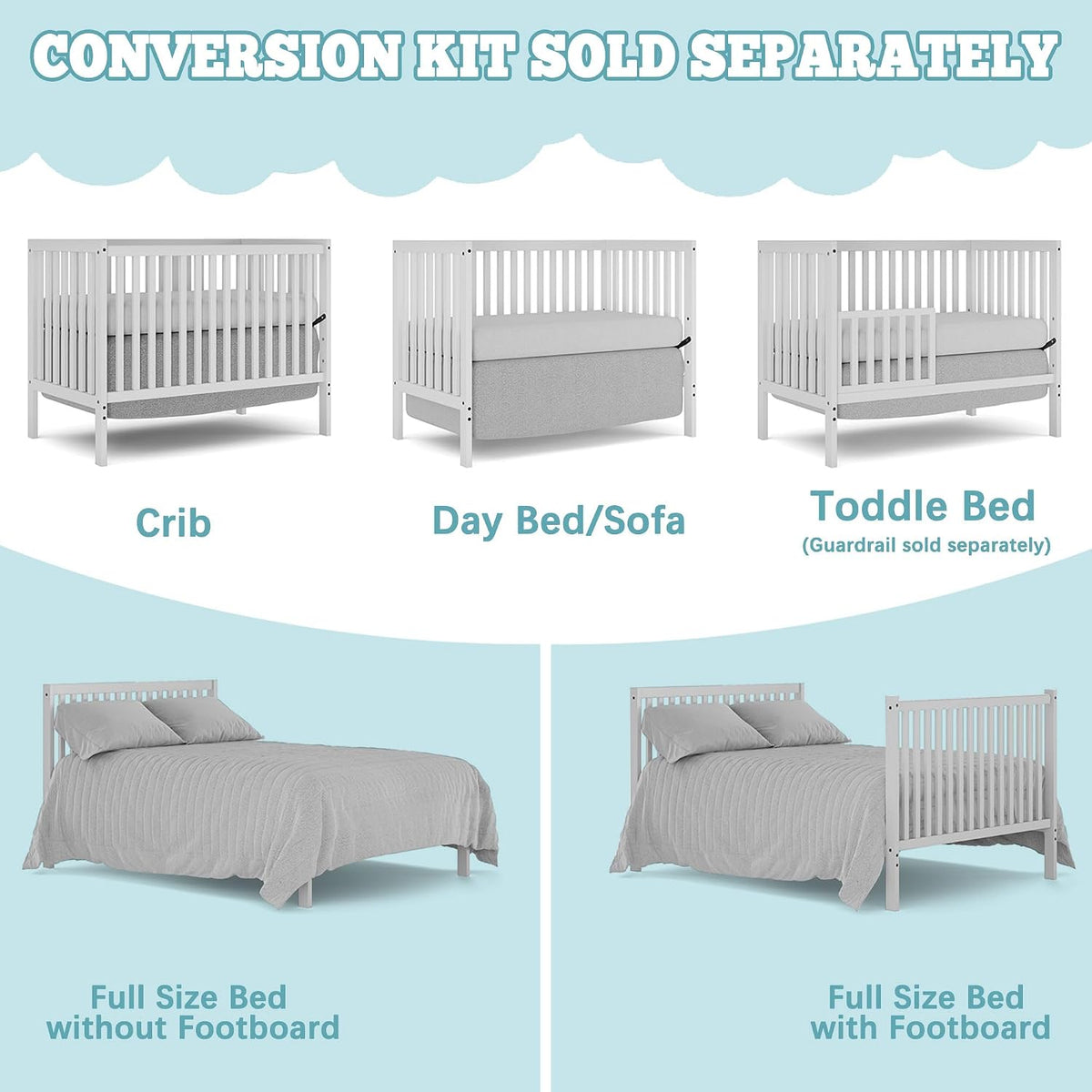 Baby Crib 5-in-1 Convertible, Wood Full Size Toddler Bed for Small Baby, Made of Sustainable Natural Pinewood Cribs, Non-Toxic Finish, Simplistic Nursery Furniture (White)