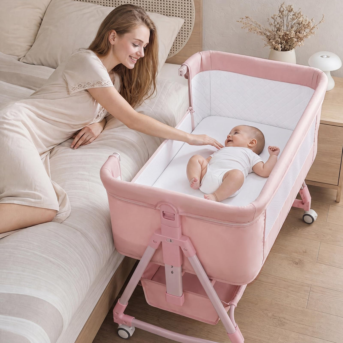 Baby Bassinet, 3 in 1 Bedside Bassinets for Baby, 6 Height Adjustable Bassinet Bedside Sleeper with Mattress, Breathable Mesh, Lockable Univesal Wheels, Storage Basket, Easy to Assemble（Khaki）
