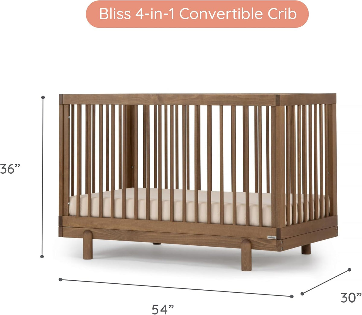 dadada Baby Bliss 4-in-1 Convertible Wood Crib Bed, Made in Italy, Walnut