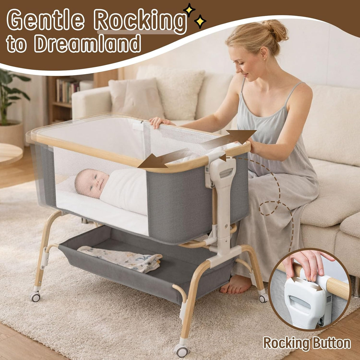 Rocking Baby Bassinet Bedside Sleeper, Detachable Portable Bassinet