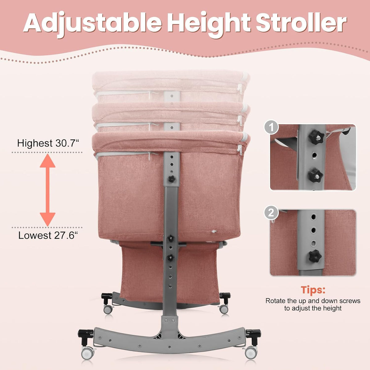 Bedside Bassinet Baby Crib, 3-in-1 Bedside Crib, 6 Levels Height Adjustable Baby Crib with Basket & Mosquito Net, Wheels, Portable Newborn Infant Cradle Bassinet Pink