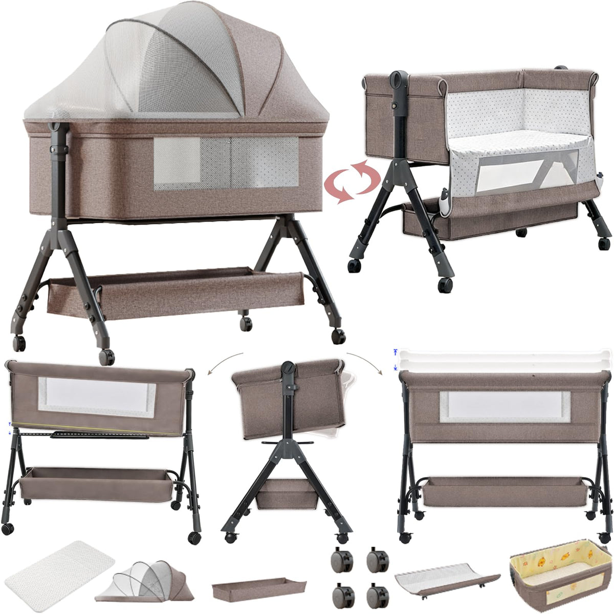 Electric Bluetooth Smart Baby Bedside Crib, Bassinet for Co-Sleeping, Infant Bedside Sleeper Cot, Convertible Foldable Baby Crib with Remote Control, Music and 5 Swaying Gears (601 Pink)