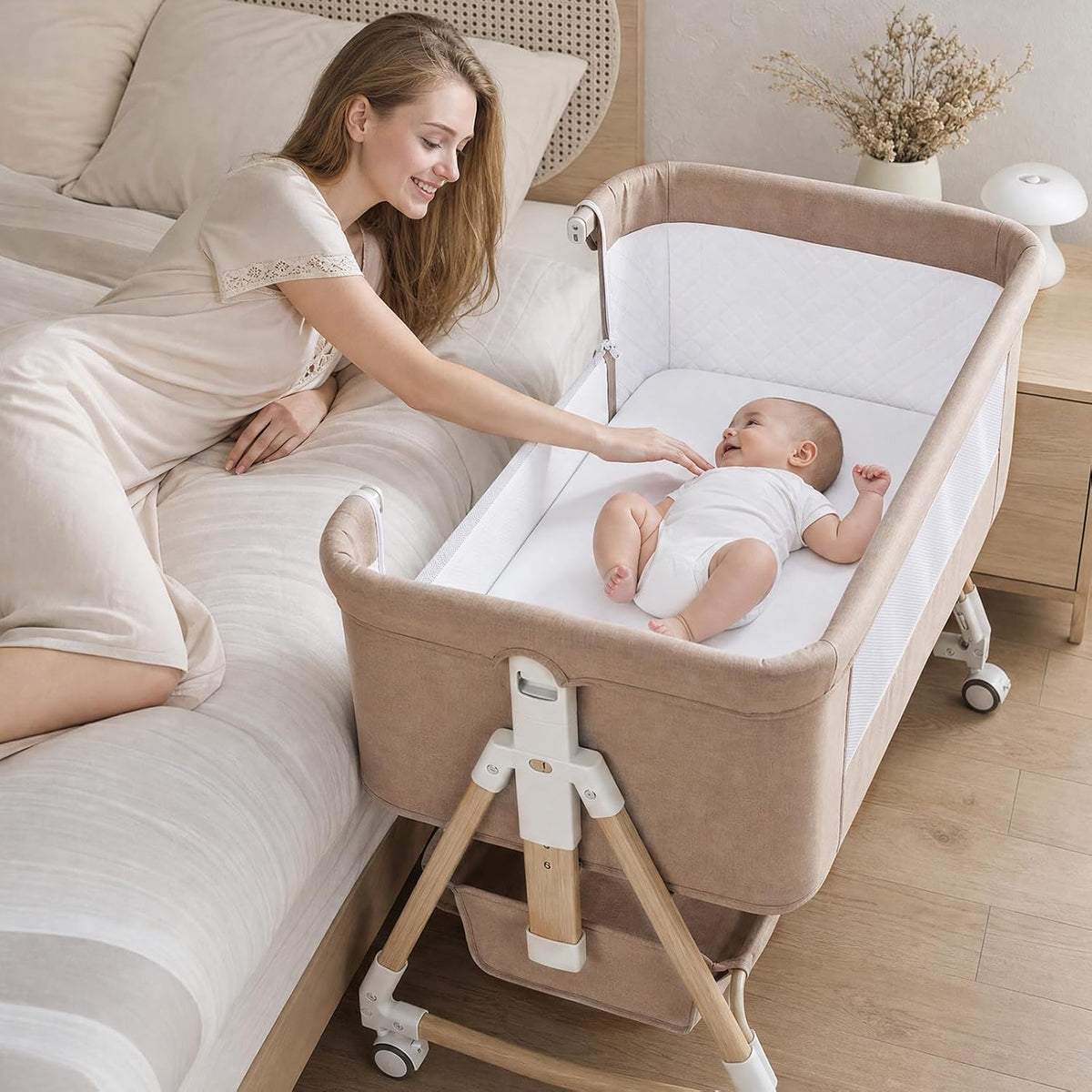 Baby Bassinet, 3 in 1 Bedside Bassinets for Baby, 6 Height Adjustable Bassinet Bedside Sleeper with Mattress, Breathable Mesh, Lockable Univesal Wheels, Storage Basket, Easy to Assemble（Khaki）
