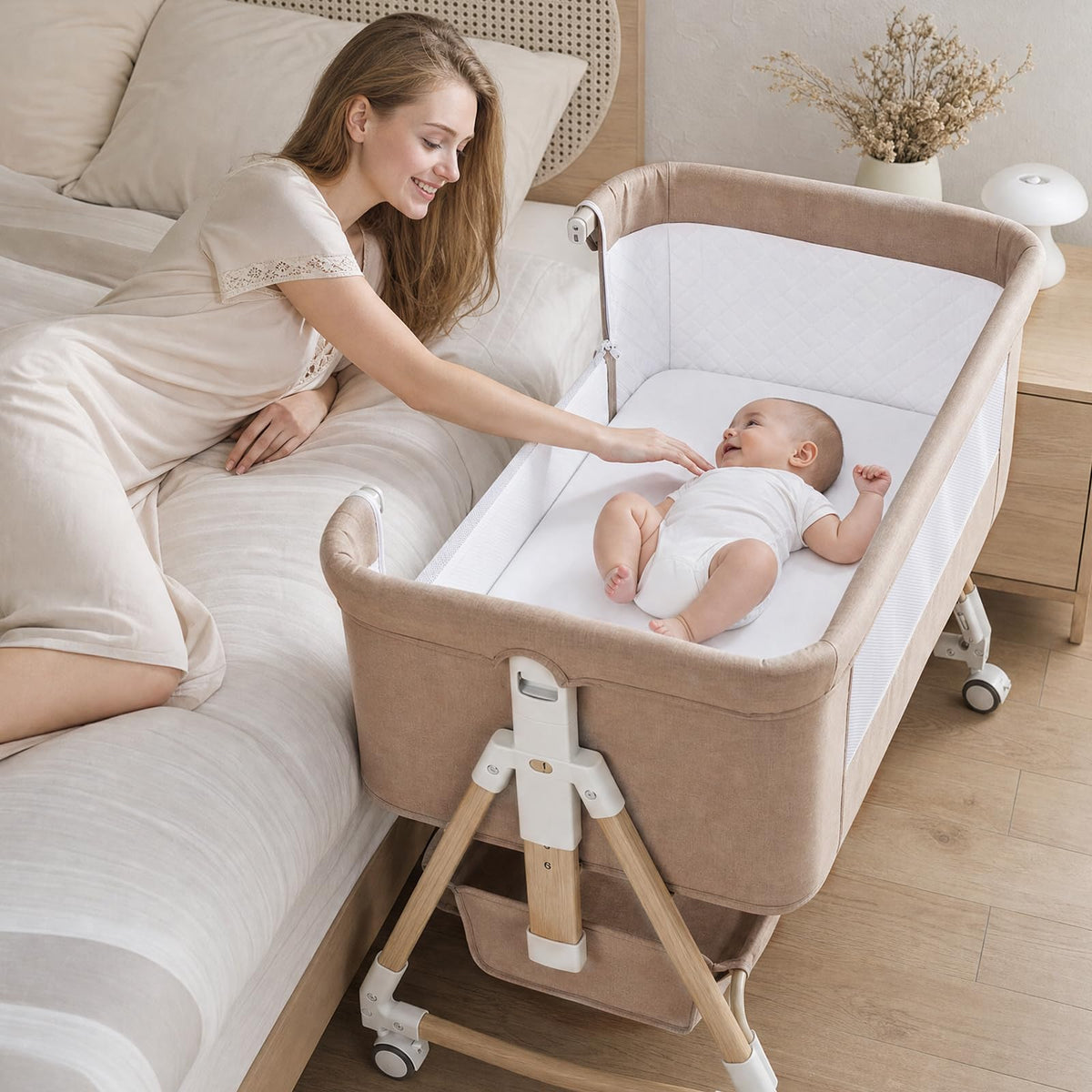 Baby Bassinet, 3 in 1 Bedside Bassinets for Baby, 6 Height Adjustable Bassinet Bedside Sleeper with Mattress, Breathable Mesh, Lockable Univesal Wheels, Storage Basket, Easy to Assemble（Khaki）