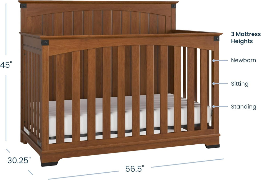 Child Craft Redmond 4-in-1 Convertible Baby Crib, Wood Nursery Furniture Converts to Toddler Bed, Daybed & Full Bed, Adjustable Mattress Heights, Rustic Style, Non-Toxic Baby Safe Finish, Coach Cherry