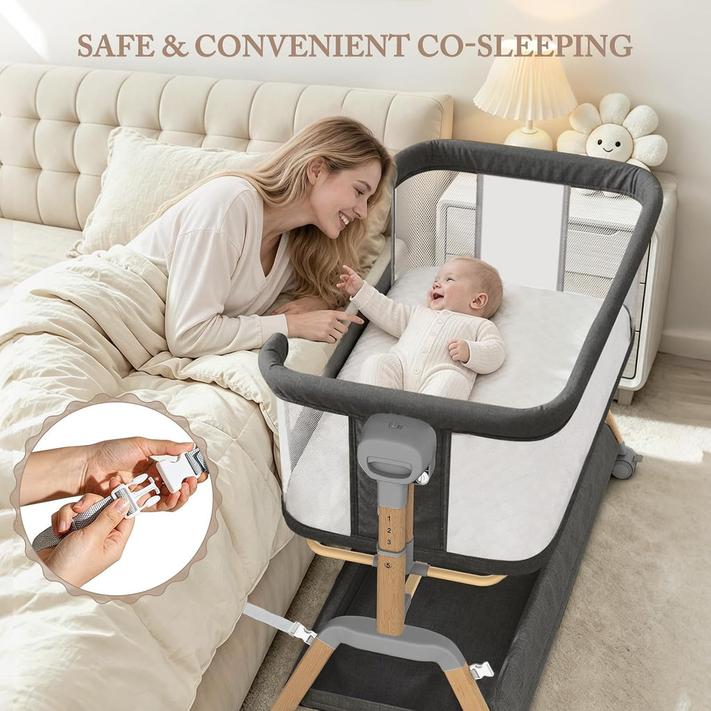 3 in 1 Baby Bassinet, Bedside Sleeper for Newborn, 7-Level Height Adjustable, Rocking Bassinet with Breathable Mesh, Lockable Wheels & Large Storage Space, Portable Baby Crib（Dark Gray）